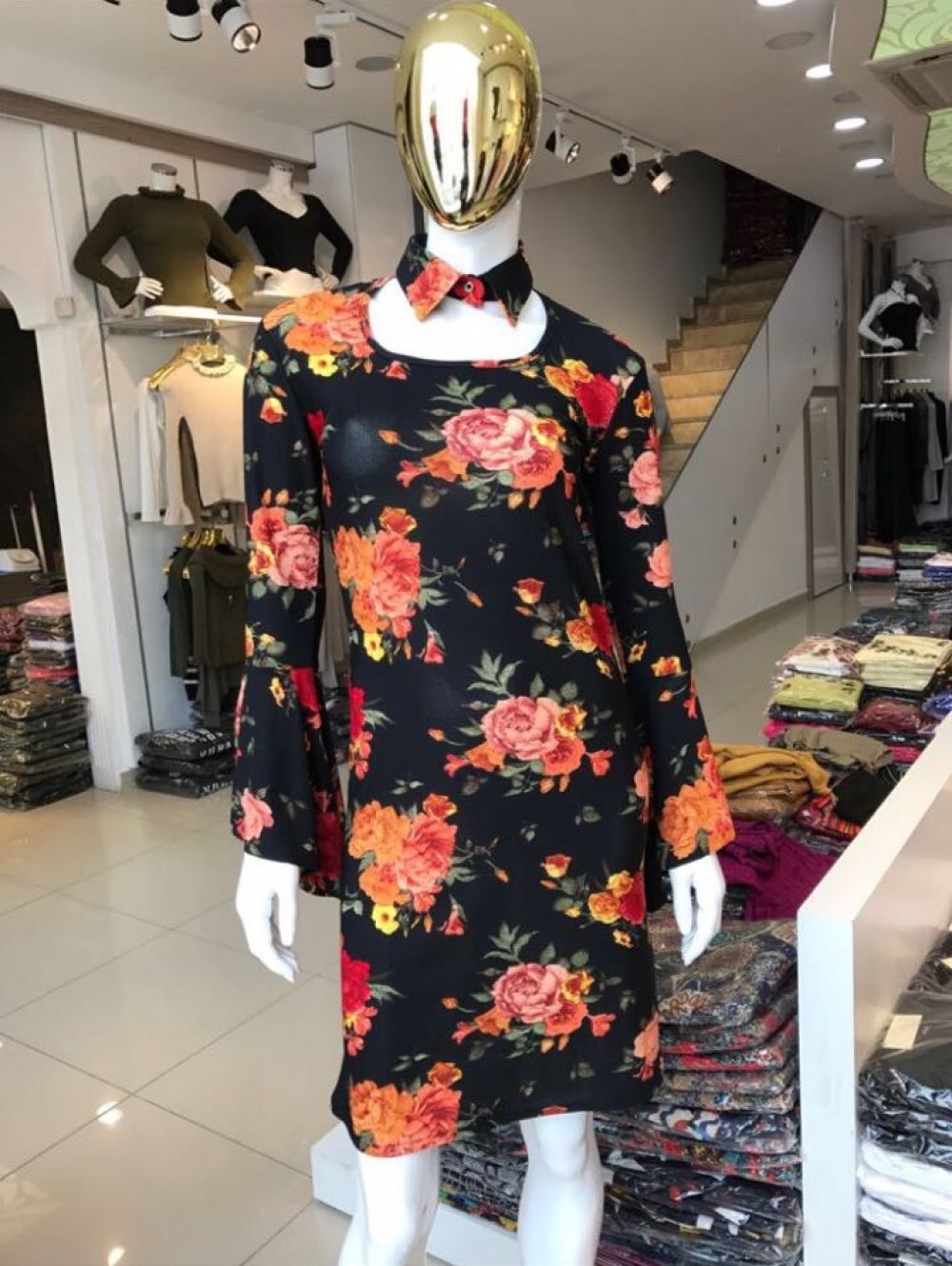 SEYYAR YAKA GÜL DESENLİ ELBİSE